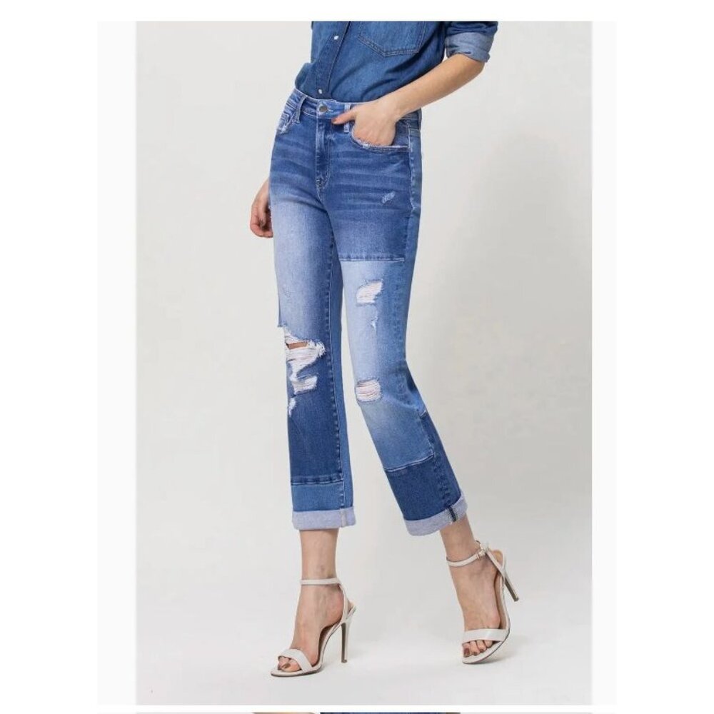 Flying Monkey High-Rise Color Block Patch Cuffed Jeans in Diligent - Sz 27 - NWT